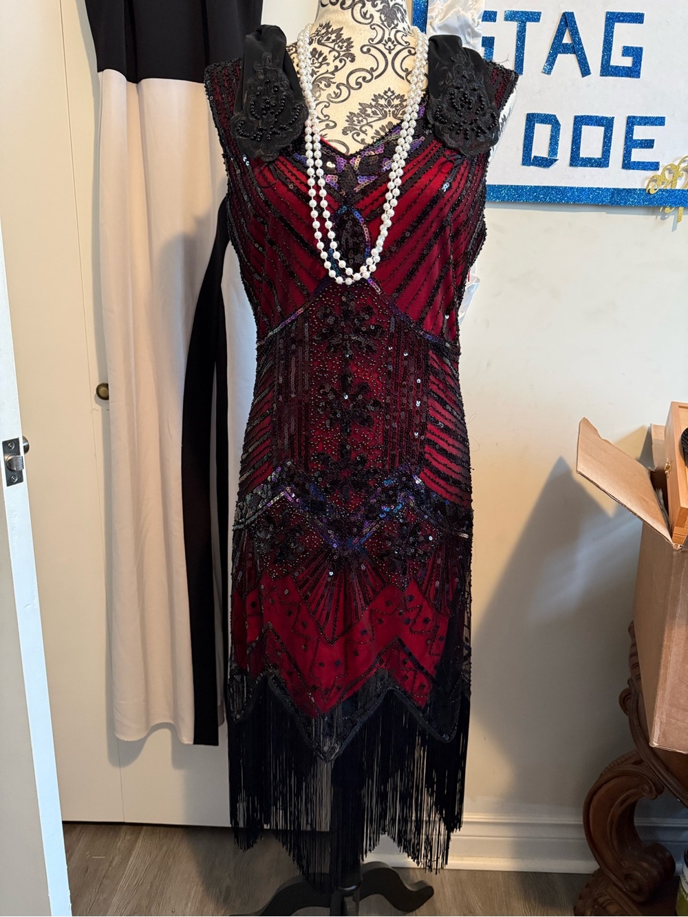 Red & Black Beaded Flapper Dress with Fringe